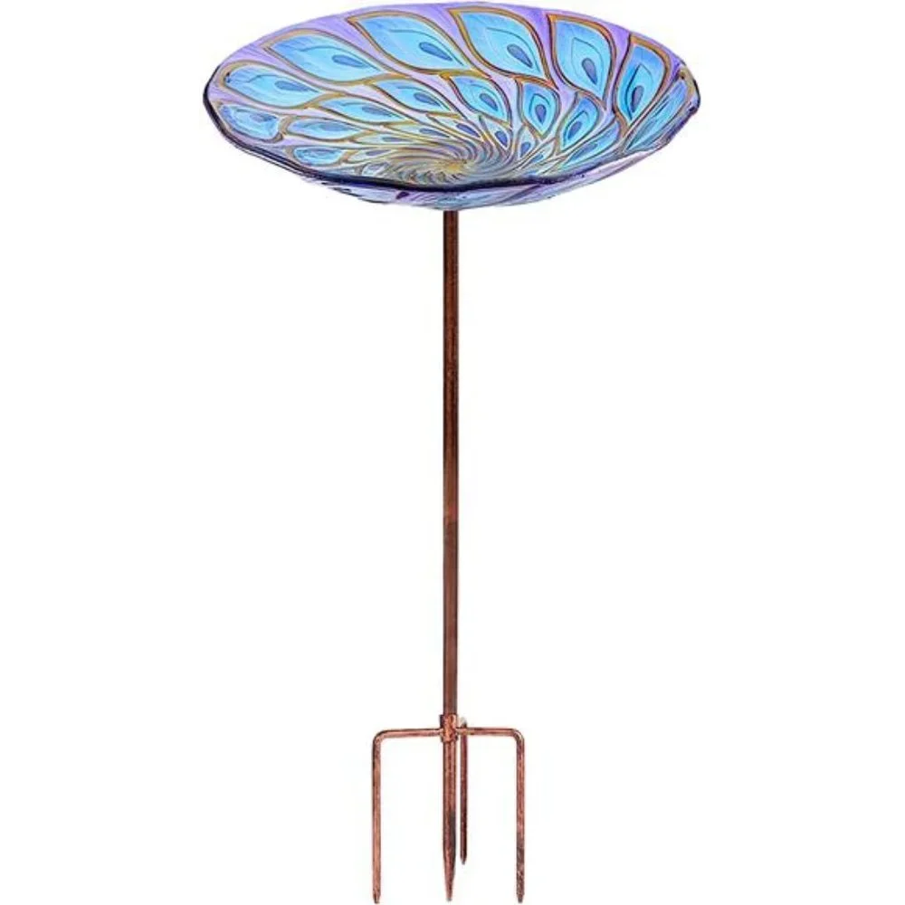 Glass Bird Bath Outdoor BirdBath Garden Bird Feeder with Metal Stake